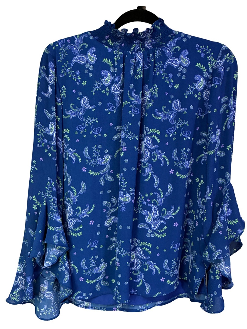 Vince Camuto Royal Blue Paisley Ruffle Neck Blouse